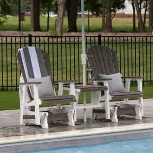 Comfo-Back-Single-Gliders-&-Gliding-Settee-Table---Coastal-Gray-on-White-,-Umbrella-Canvas-Air-Blue-with-White-Pole