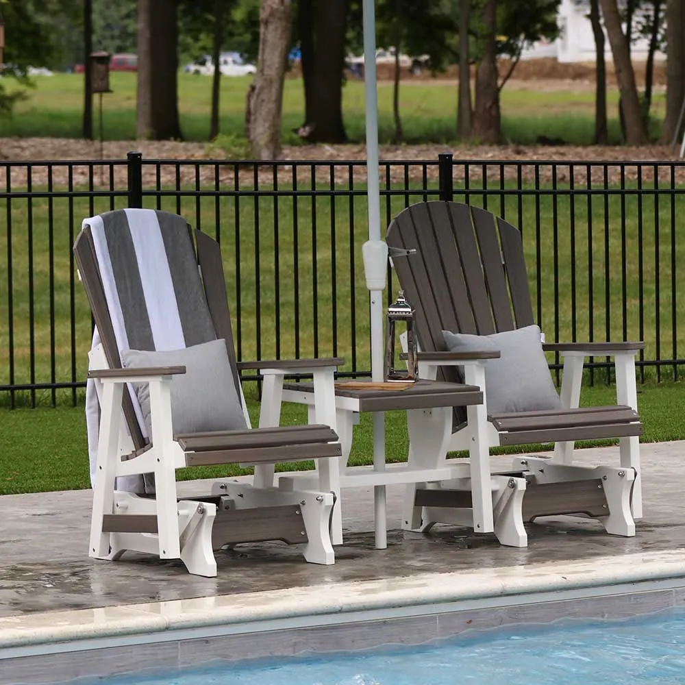 Comfo-Back-Single-Gliders-&-Gliding-Settee-Table---Coastal-Gray-on-White-,-Umbrella-Canvas-Air-Blue-with-White-Pole